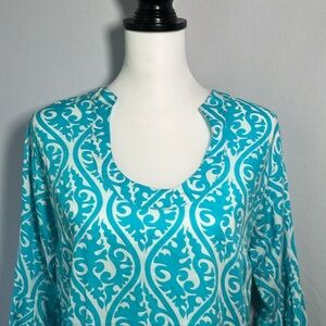 Escapada Flare 3/4 Sleeve Teal Blue & White Patterned Blouse - Women's Small